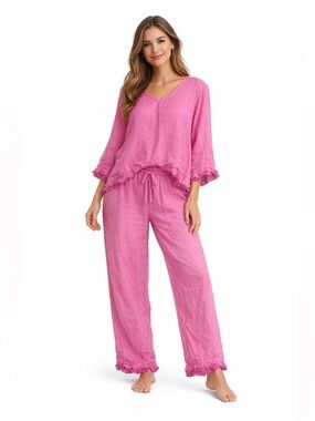 Donna Pink Linen Matching Set Size M Made in USA Top & Pants